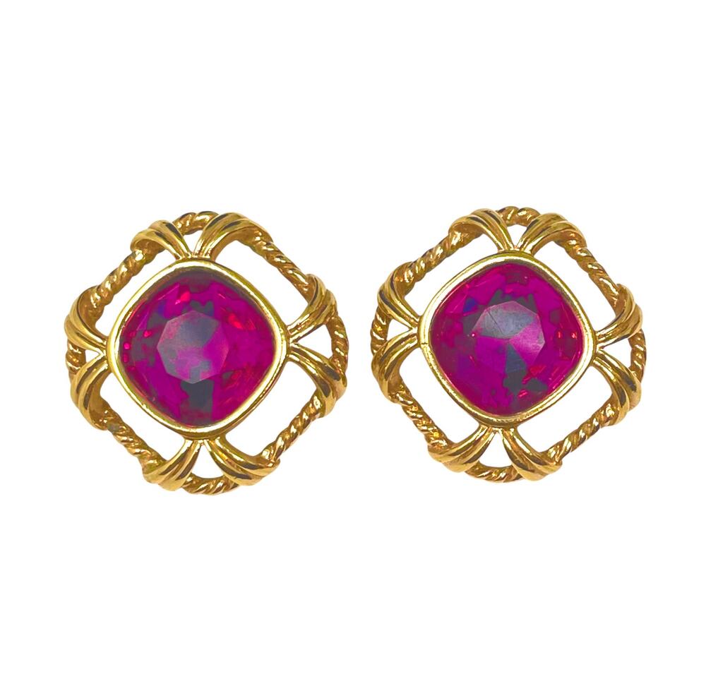 Swarovski Vintage Pink Faceted Cushion Cut Rope Edged Gold Tone Clip-On Earrings